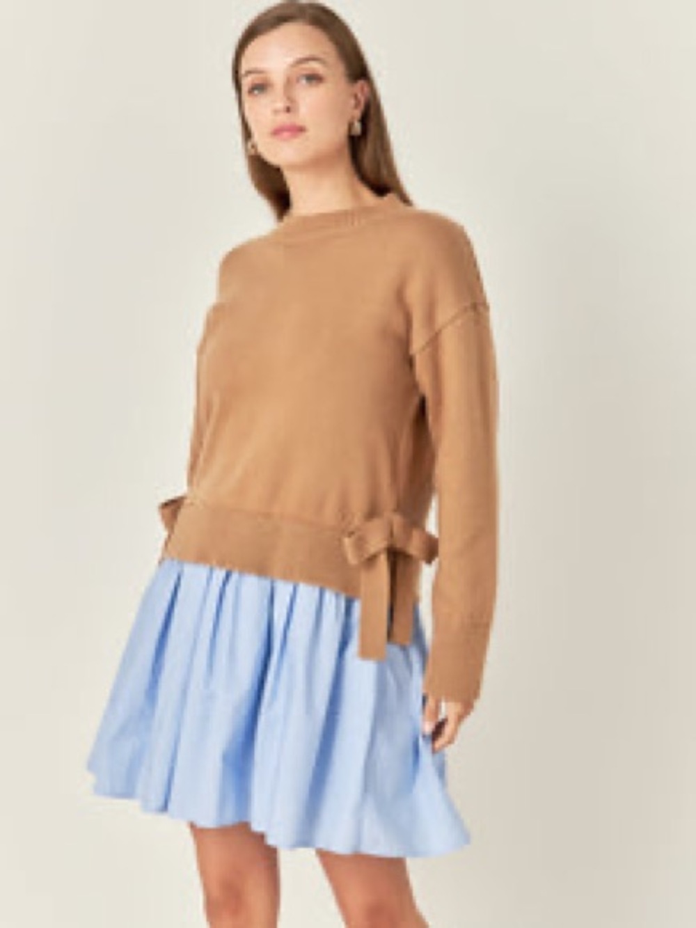 English Factory Camel Side-Tie Crew Neck Sweater